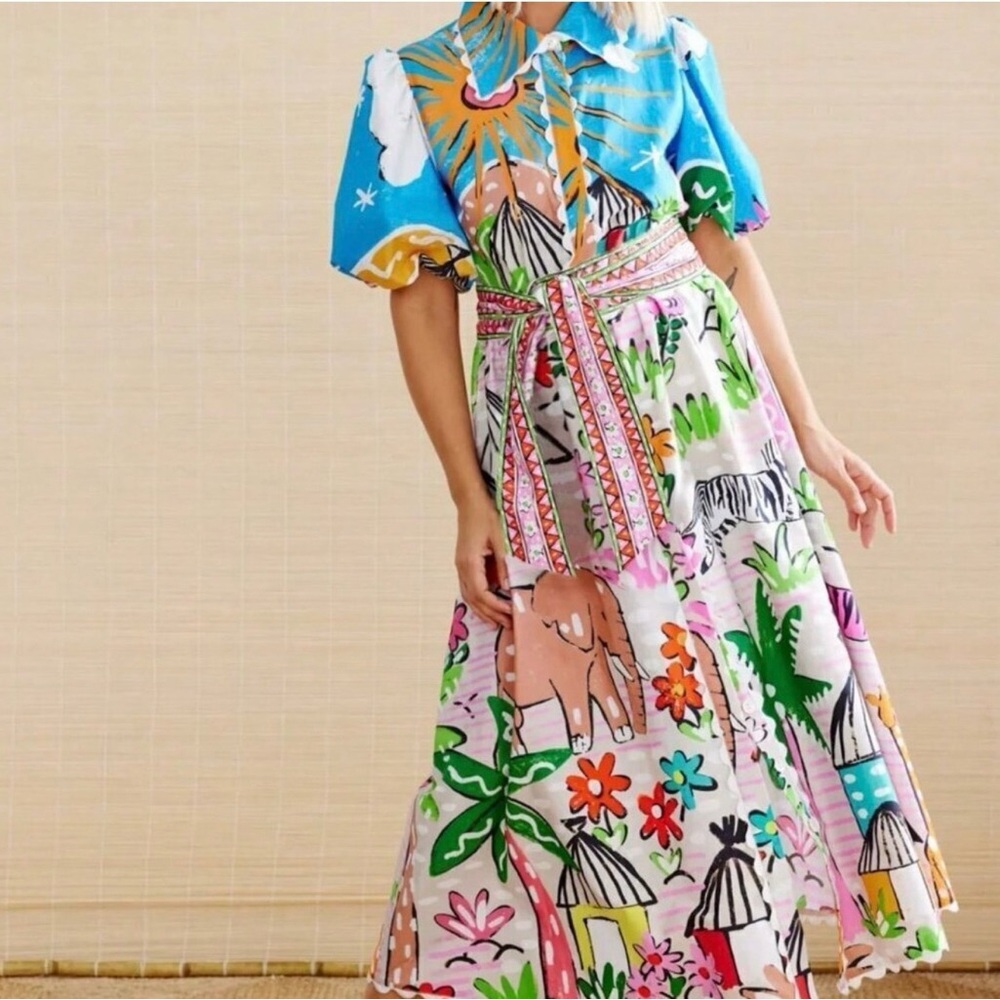 Boho Women's vacay Tropical Plant Print V-Neck Short Puff Sleeve maxi dress